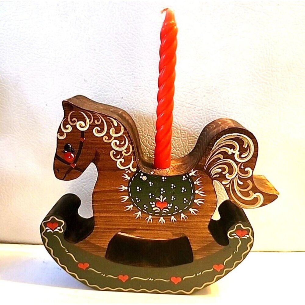 Hand Painted Christmas Rocking Horse Folk Art Wooden Vintage Signed Holiday 80s
